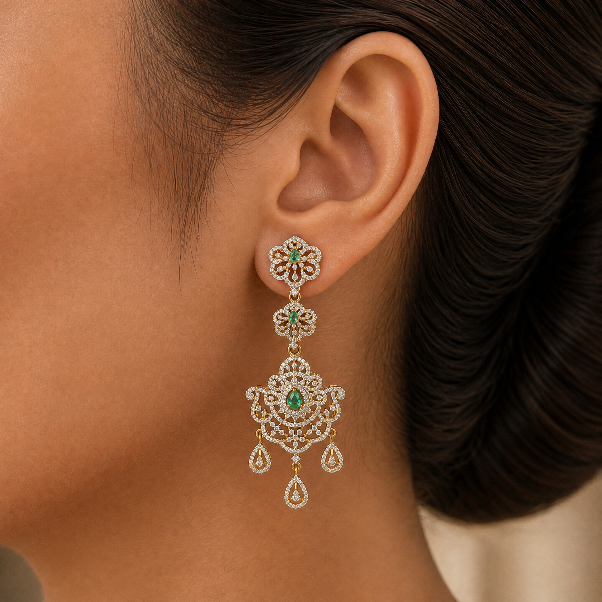 Bridal Diamond Long Earrings with changeble Natural Emeralds/Rubies