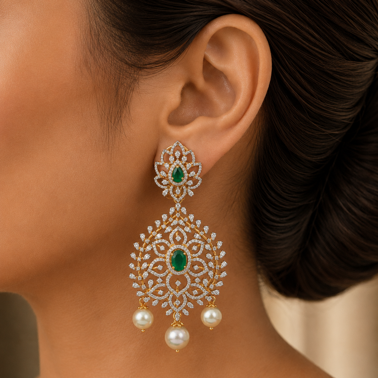 Diamond Earrings with changeable Natural Emeralds/Rubies and Pearl drops.