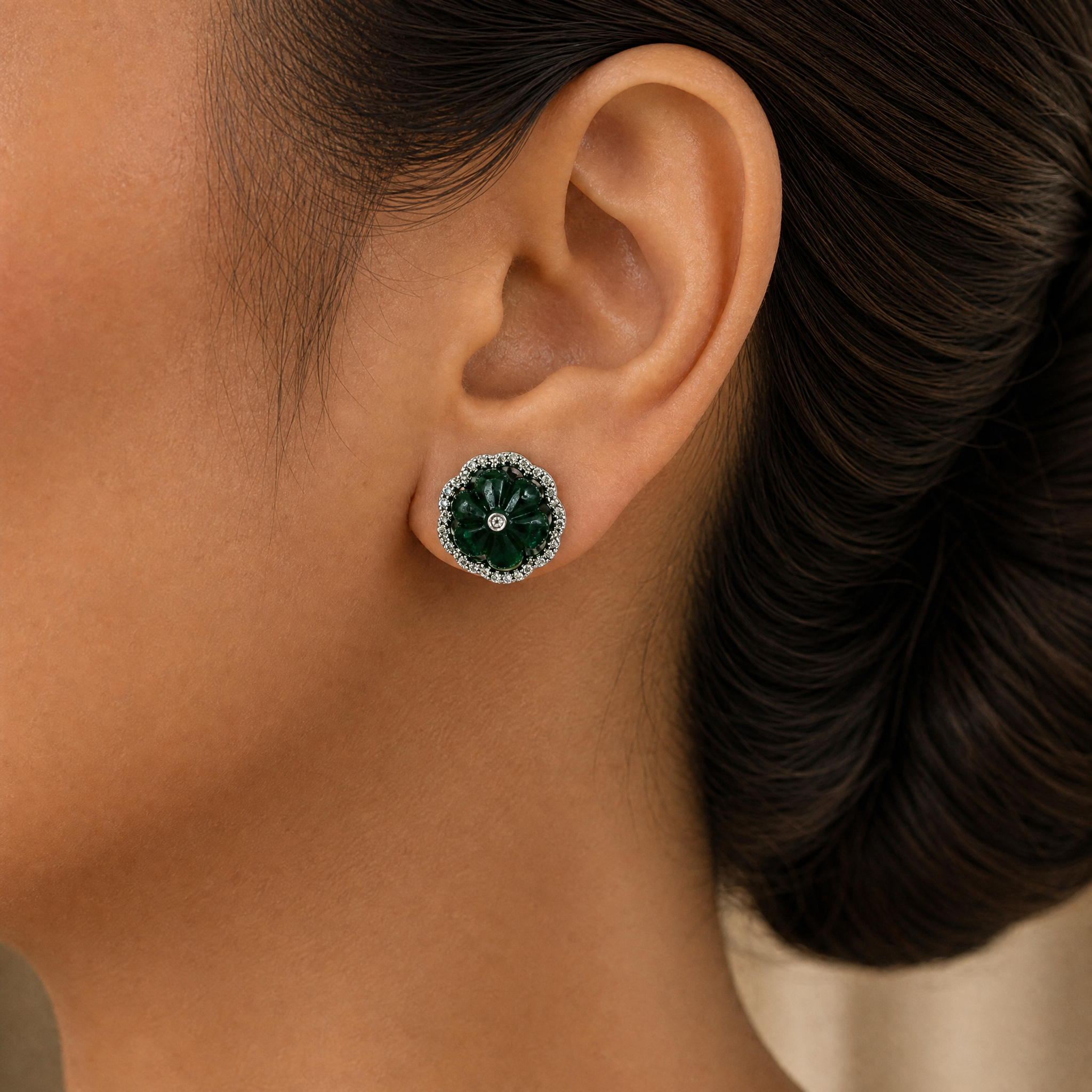 Floral Shaped Diamond Studs with Natural Emeralds.