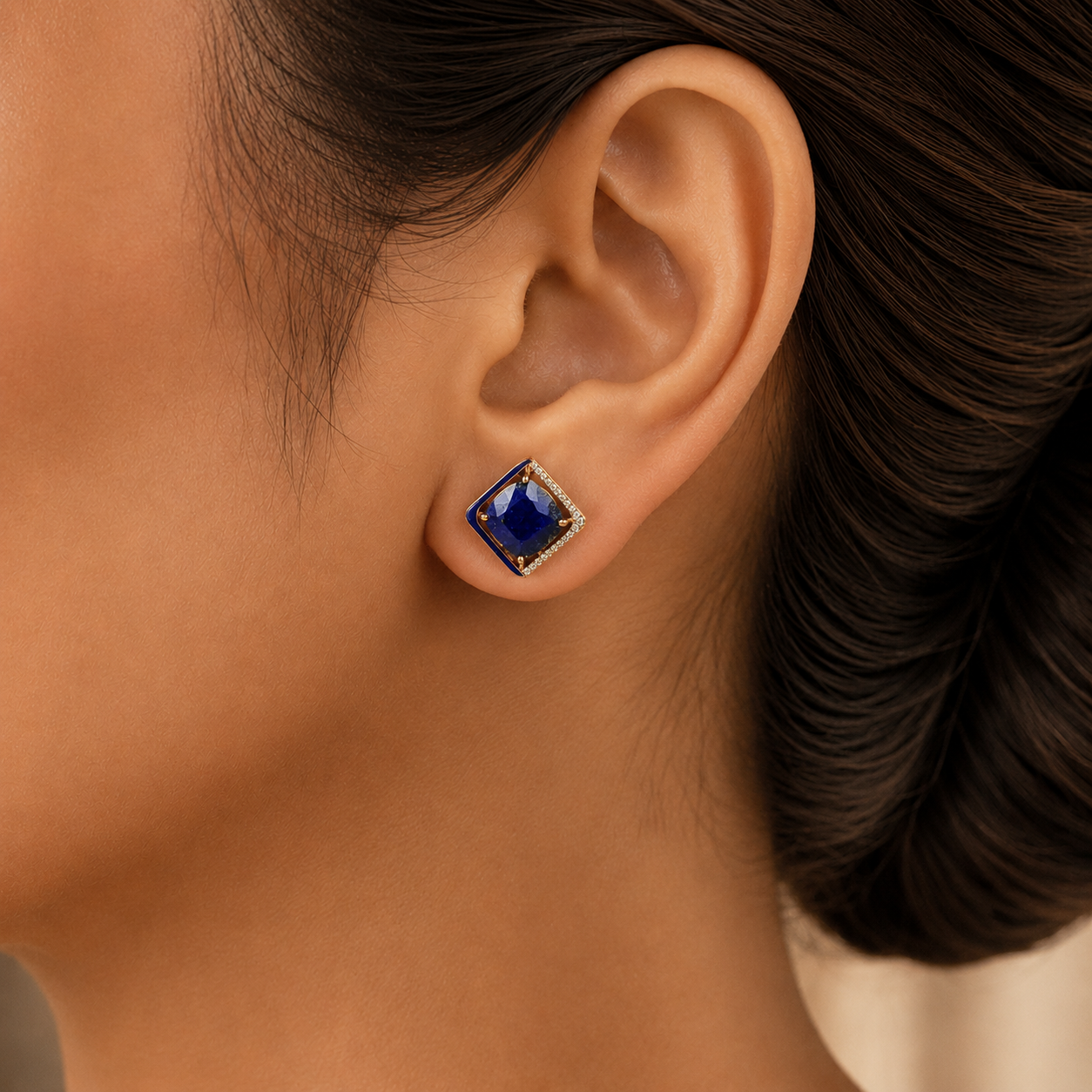 Diamond Studs with Natural Lapis