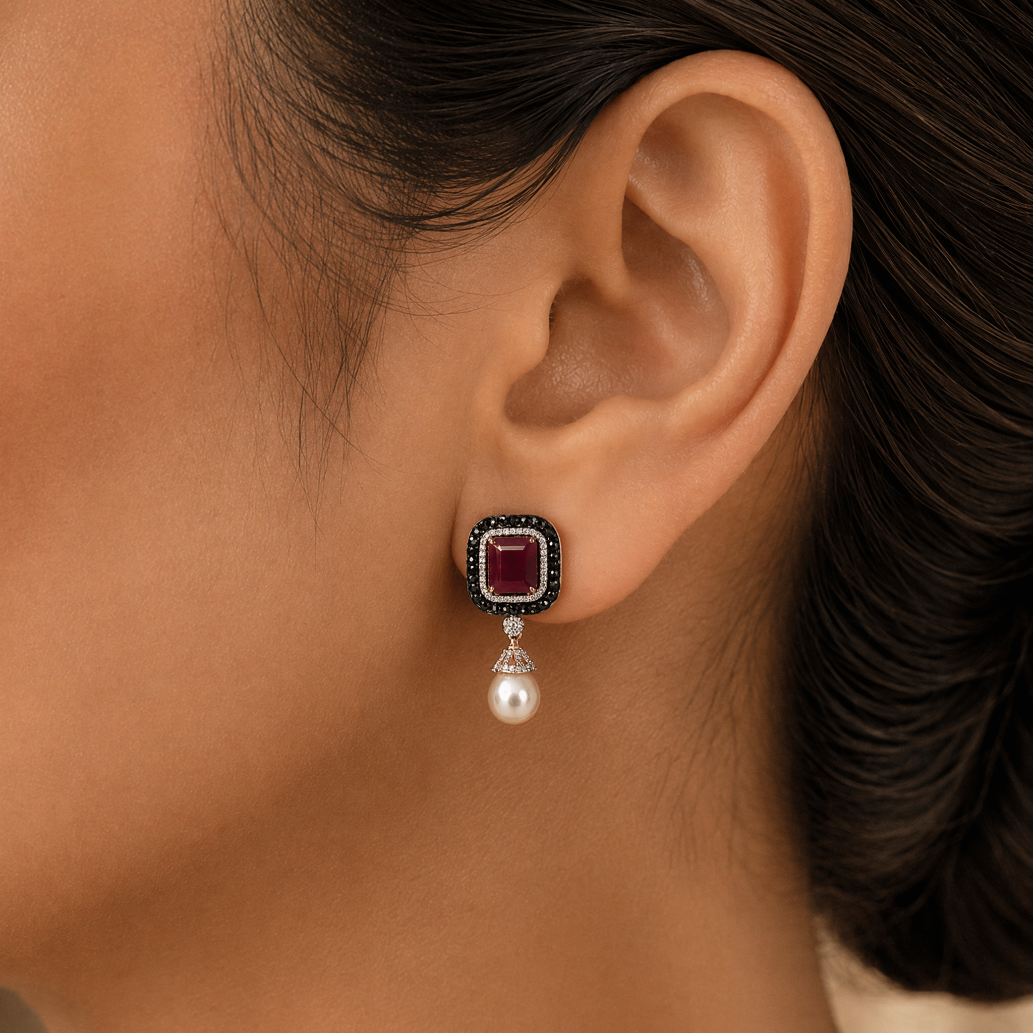 Diamond Earrings with Black Diamond/Natural Rubies and Pearl drops.