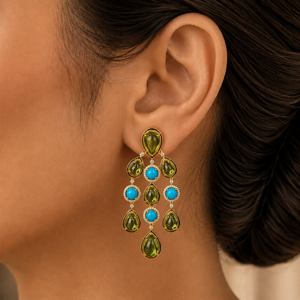 Bridal Diamond Earrings with Natural Peridots and Turquoise