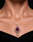 Pear shaped Diamond Pendant with Natural Ruby and Pearl Drops
