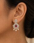 Diamond Earrings with changeable Natural Emeralds/Rubies and Pearl Drops