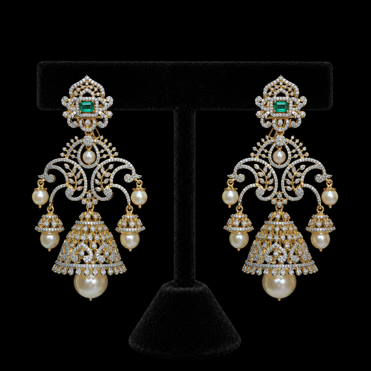 2 In 1 Diamond Earrings with changeable Natural Emeralds/Rubies and Pearl Drops