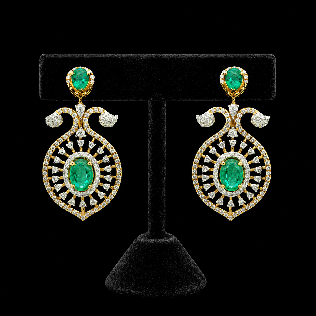 Diamond Earrings with Oval and Pear Shaped Natural Emeralds