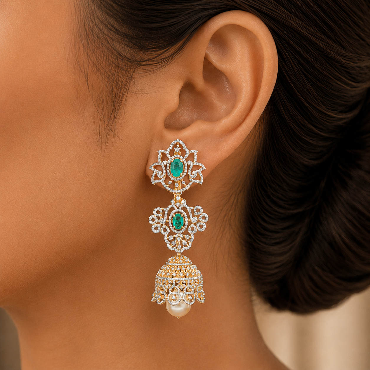 Diamond Jhumkas With Changeable Natural Emeralds And Rubies