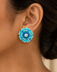 Diamond Flower Earrings with Layered Hand-Painted Blue Enamel Petals