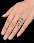 Diamond Statement Ring with Hand-Painted Multicolor Enamel Leaves and Pear-Shaped Diamonds