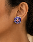 Diamond Floral Earrings with Hand-Painted Purple Enamel Petals
