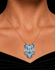 Diamond Statement Wolf Pendant with Geometric Blue Enamel Detailing