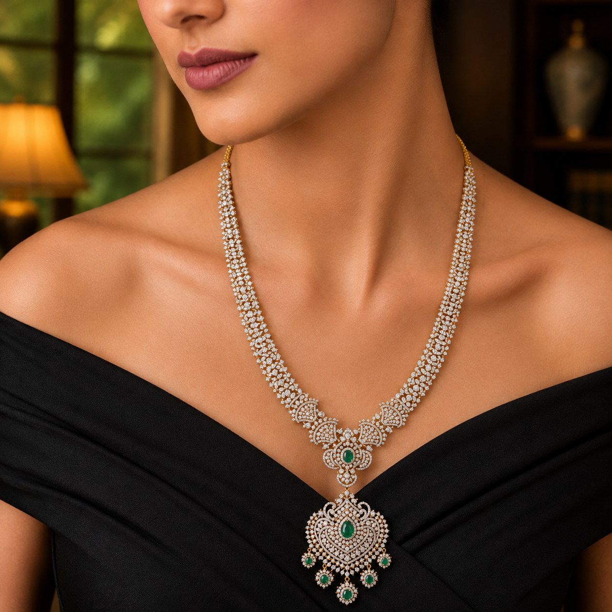 Diamond Necklace With Natural Emerald, Ruby and Pearl Accents