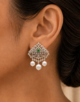 Diamond Pearl Drop Earrings with Natural Emeralds and Rubies