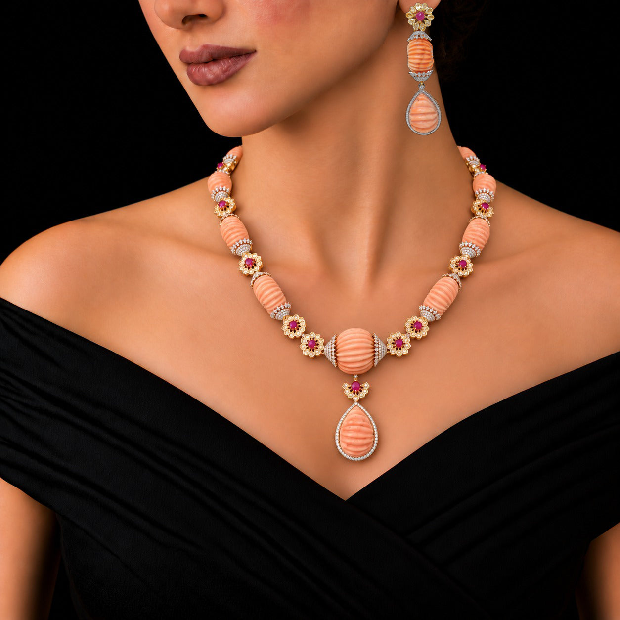 Coral Ruby/Sapphire and Diamond Necklace With Detachable Pendant