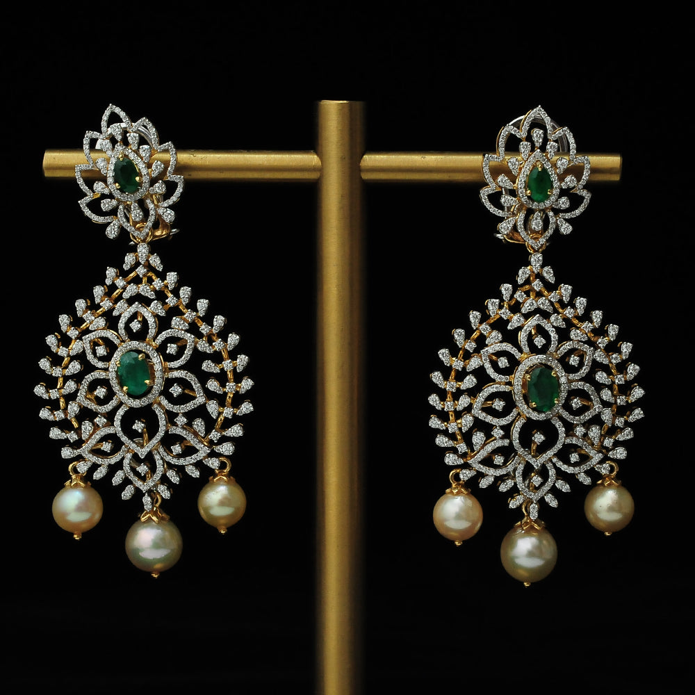 Diamond Earrings with changeable Natural Emeralds/Rubies and Pearl drops.