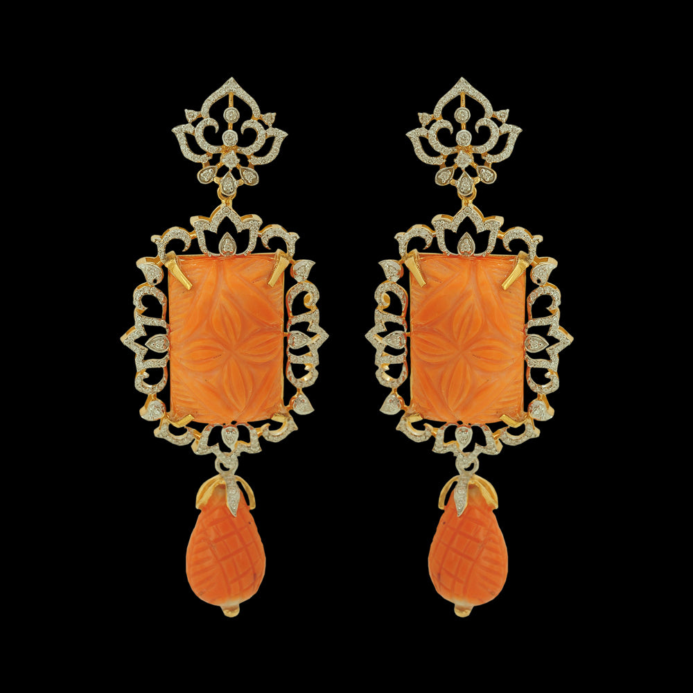 Diamond Earrings with Carved Natural Corals