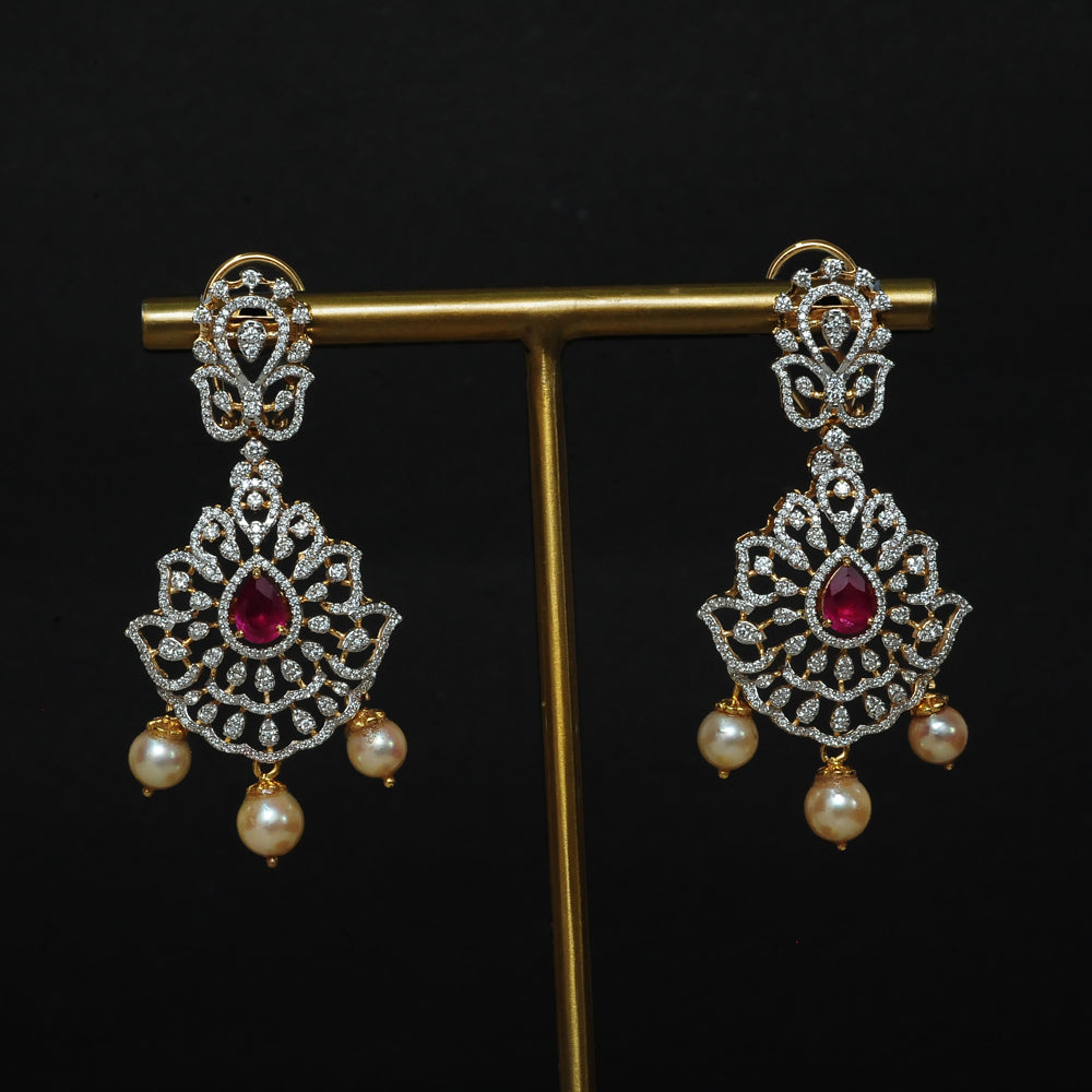 Diamond Earrings with changeable Natural Emeralds/Rubies and Pearl Drops