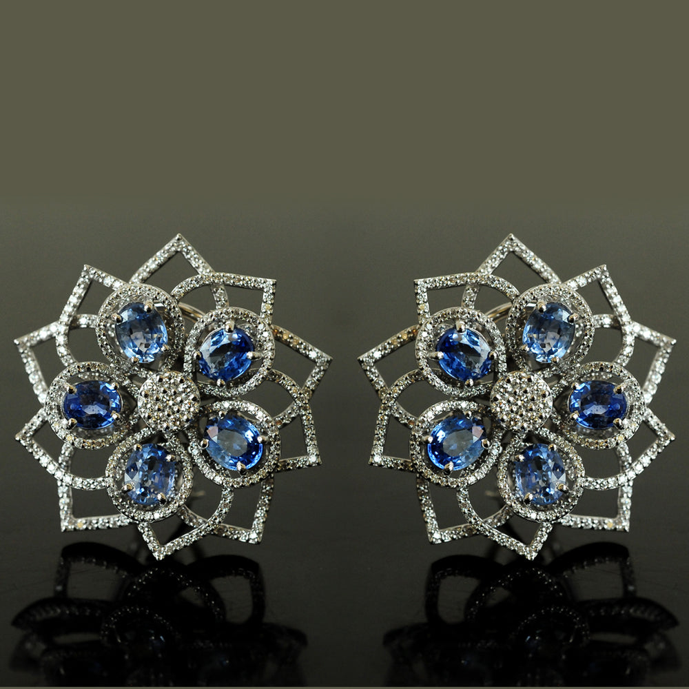 Floral Diamond Earrings with Natural Blue Sapphires.
