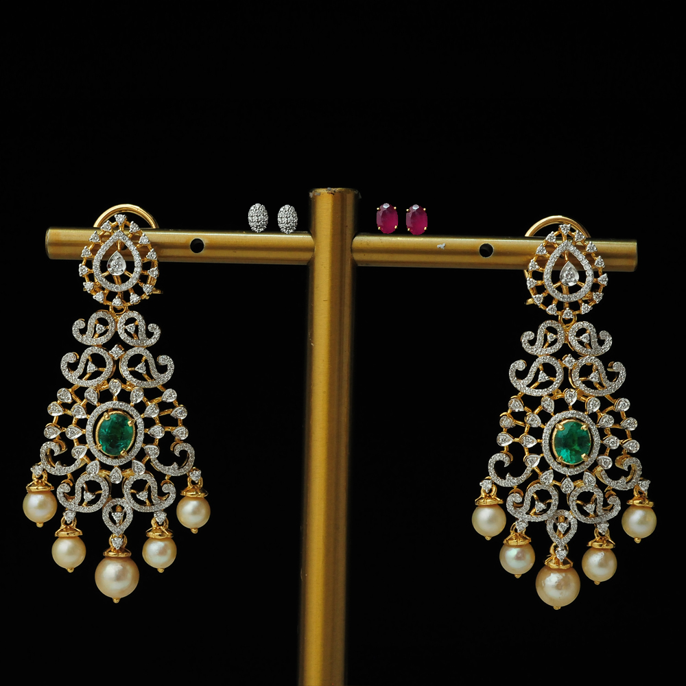 Diamond Earrings changeable with changeble Natural Emeralds/Rubies and Pearl drops