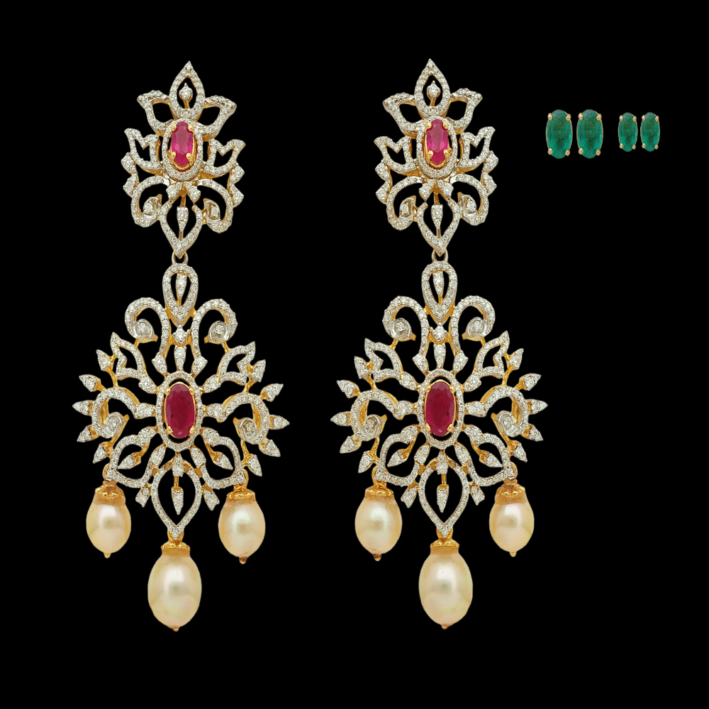 Chandbali/Buttalu and Butta Earrings made of Emeralds, Rubies, Gold, and Diamond and Pearls