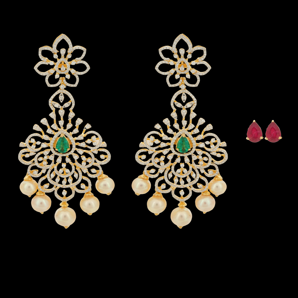 Changeable Natural Emerald/Ruby and Diamond Earrings with Pearl Drops