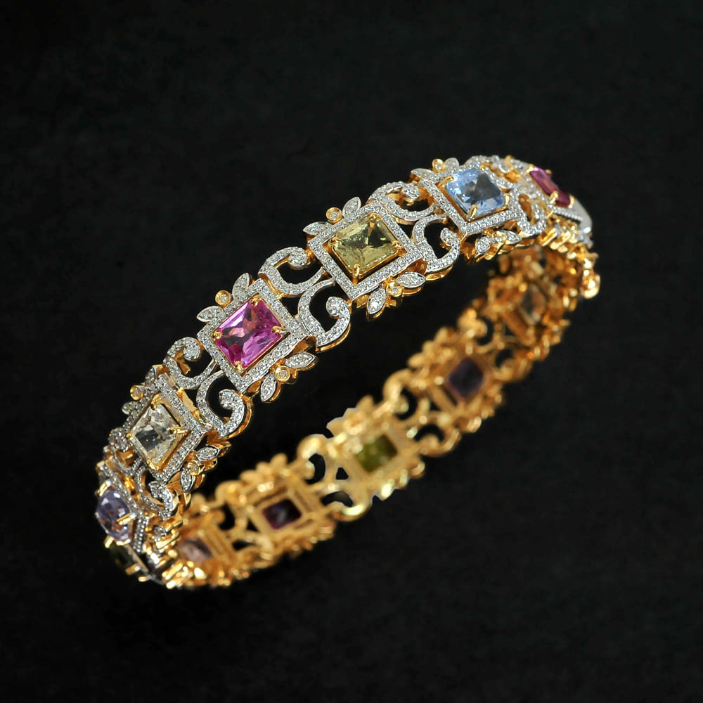 Diamond Bangle with Multi Colored Sapphires