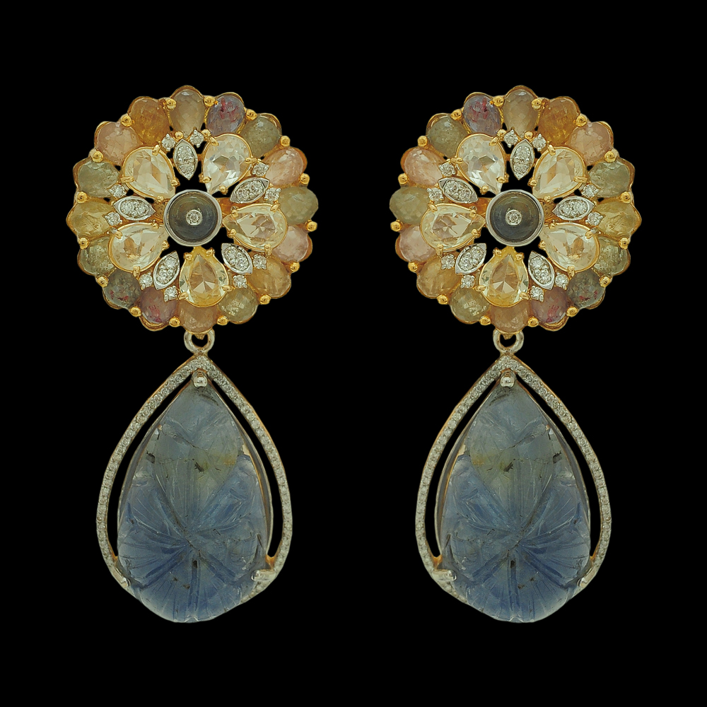 Diamond Earrings with Natural Carved Sapphires