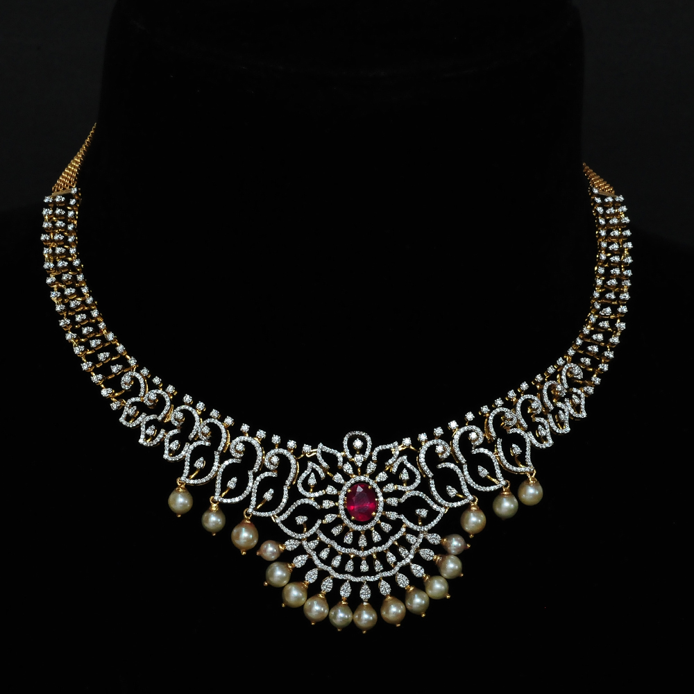 Diamond Choker with changeable Natural Emeralds/Rubies and Pearl Drops