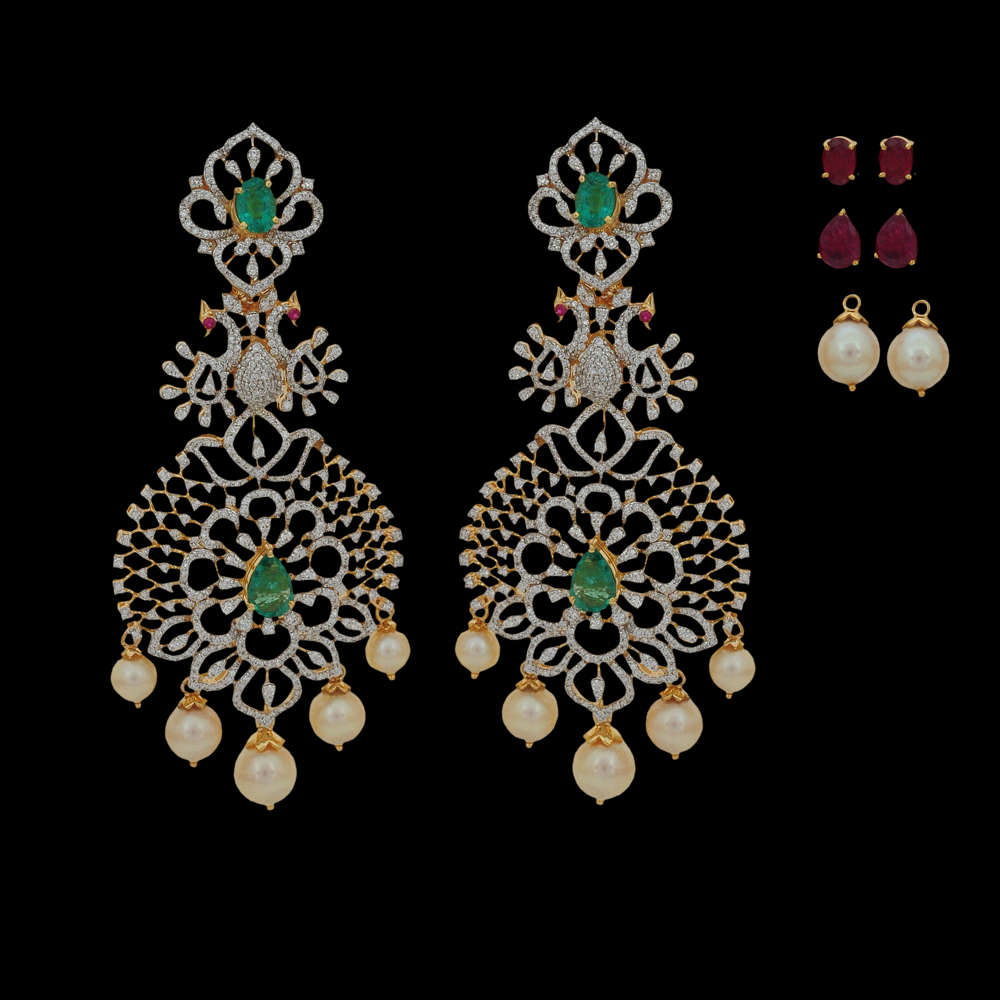 3-in-1 Natural Emerald/Ruby, Pearls and Diamond Earrings