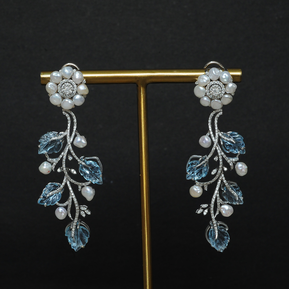 Bridal Diamond Chandelier Earrings with Natural Aquamarine and Pearls