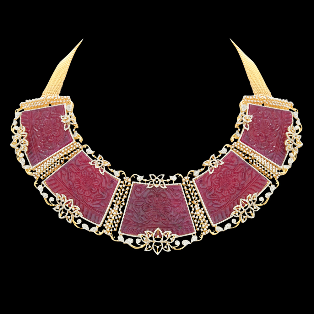 Carved Natural Ruby and Diamond Necklace and Earring Set