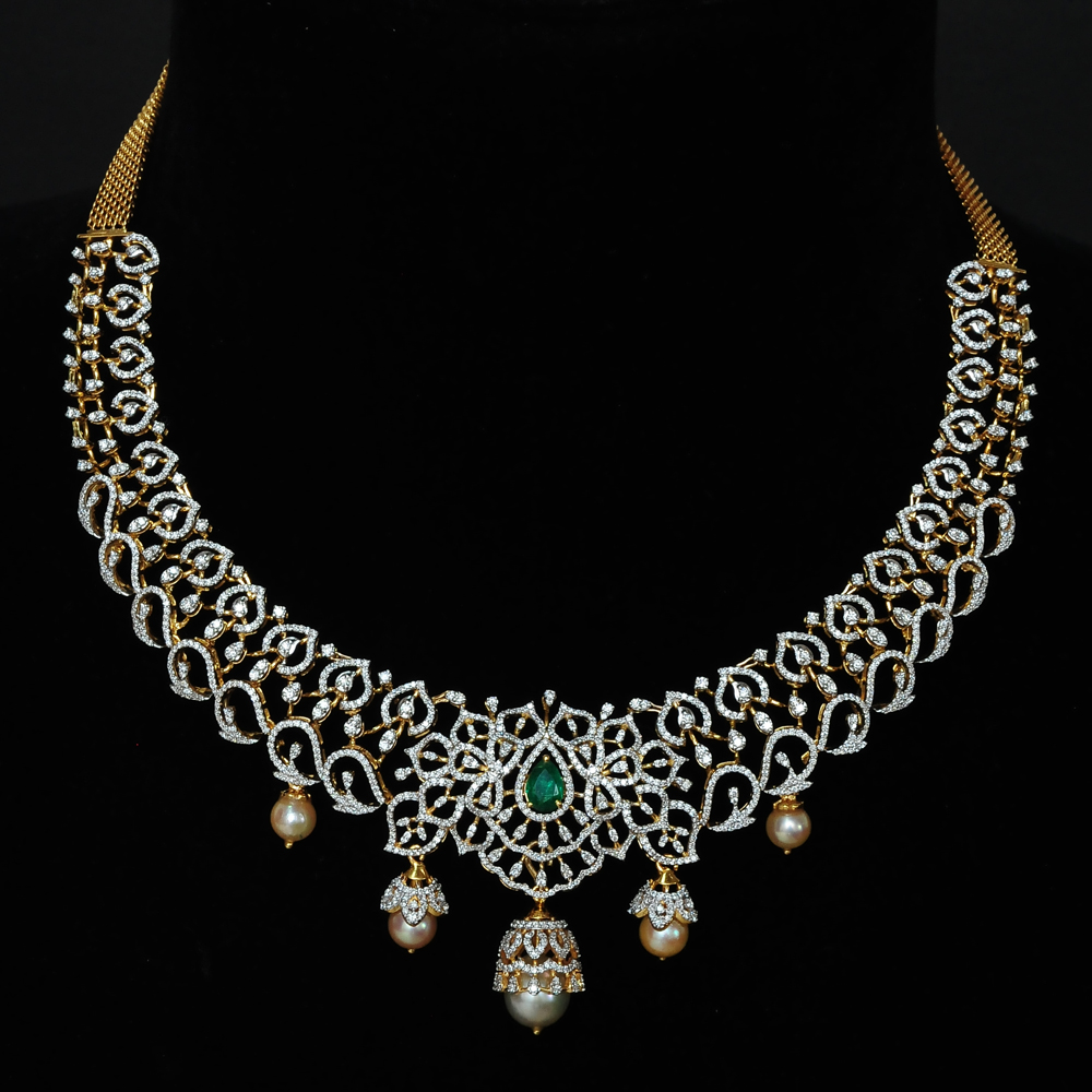 3-in-1 Diamond Necklace and Pendant with changebale Natural Emeralds/Rubies and Pearl Drops