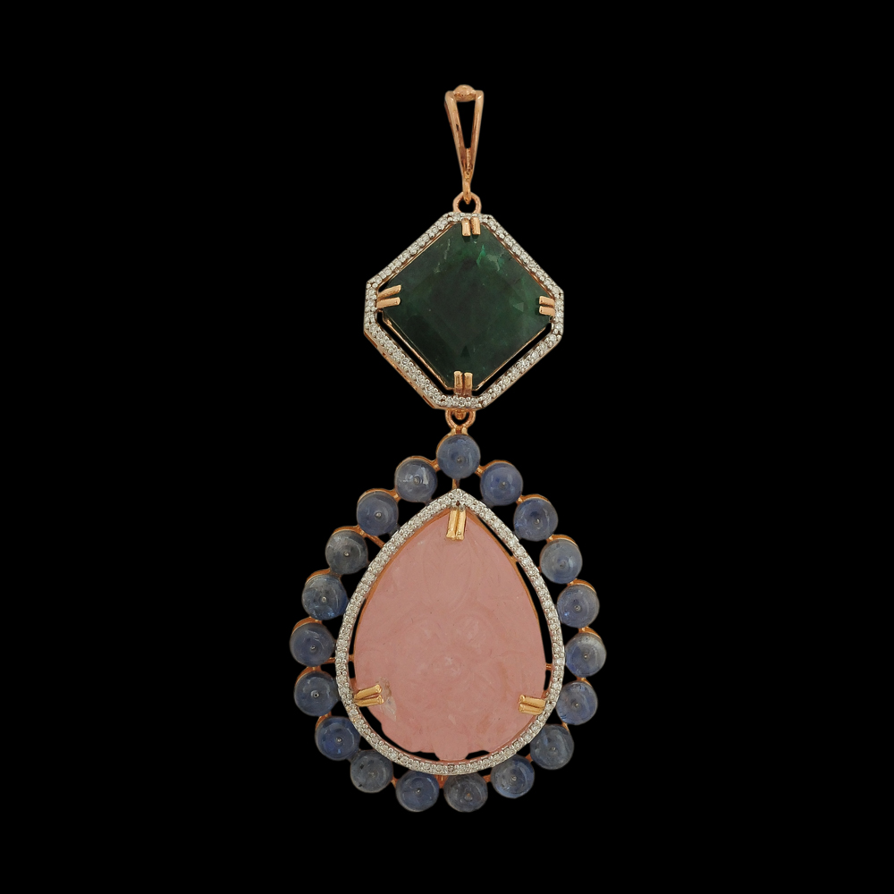 2-in-1 Diamond Necklace and Pendant with Natural Carved Emerald, Morganite and Sapphire	