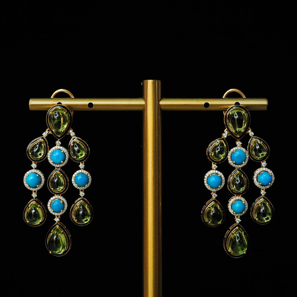 Bridal Diamond Earrings with Natural Peridots and Turquoise