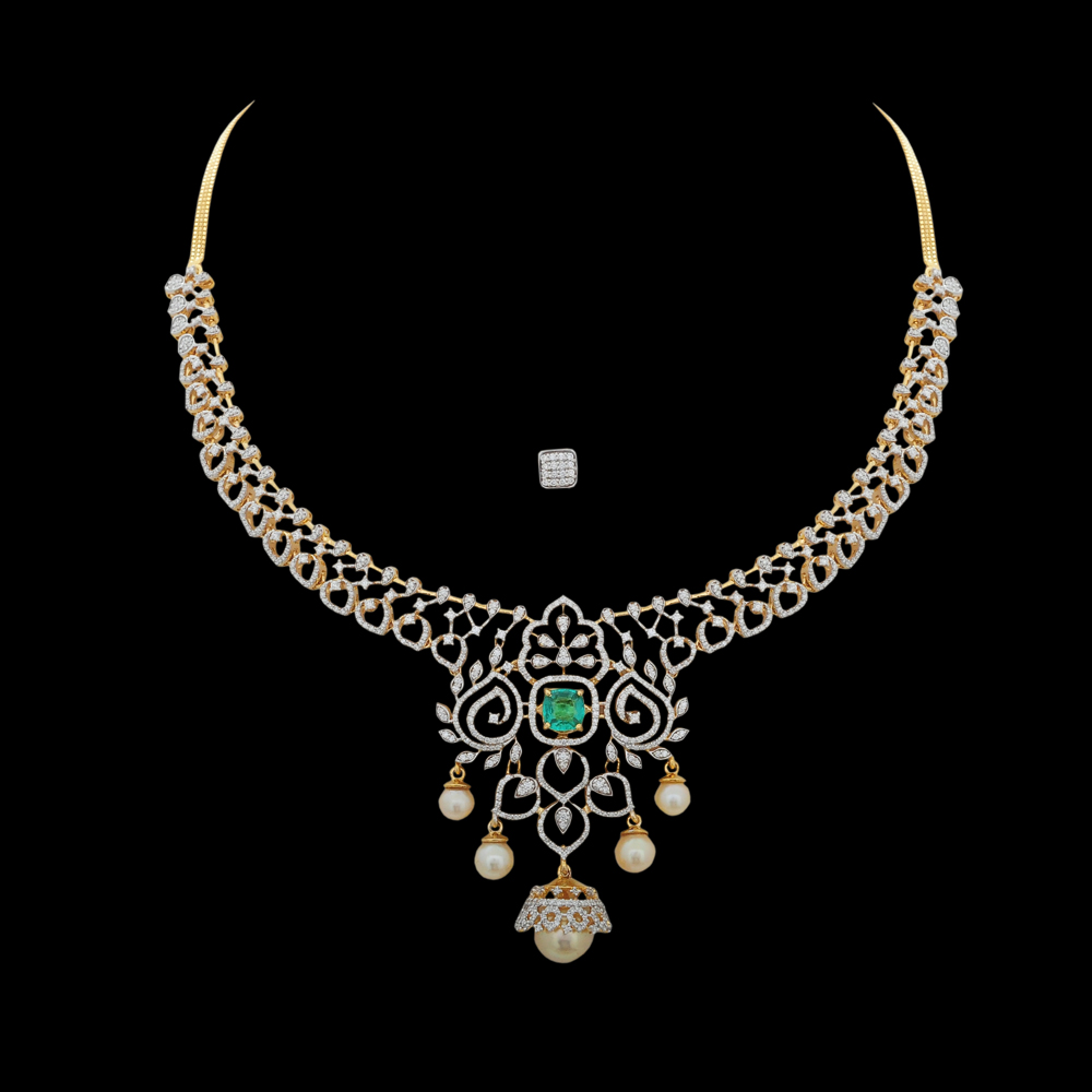 Diamond Necklace with Natural Emerald and Pearl Drops