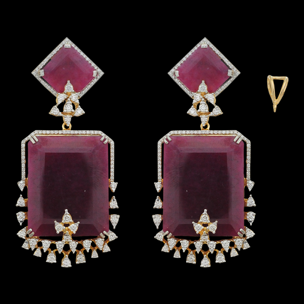 Natural Carved Ruby And Diamond Pendant And Earrings 
