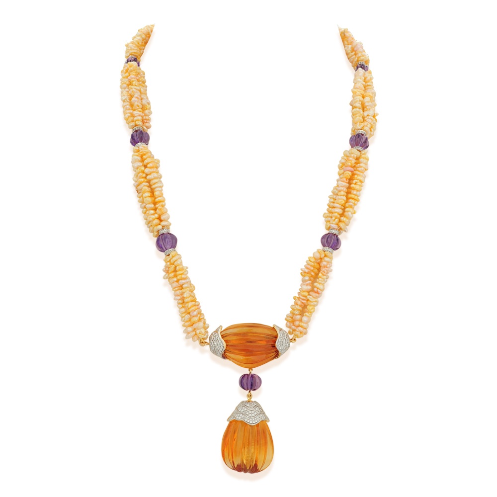 Diamond Necklace with Citrine and Pearls by Maaya Fine Jewels New Jersey