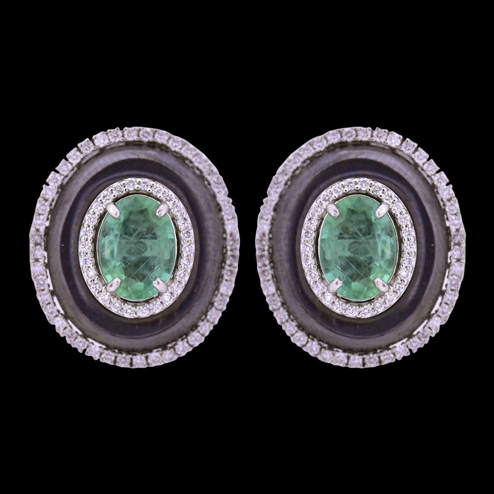 Round Diamond Studs with Natural Emeralds and Onyx