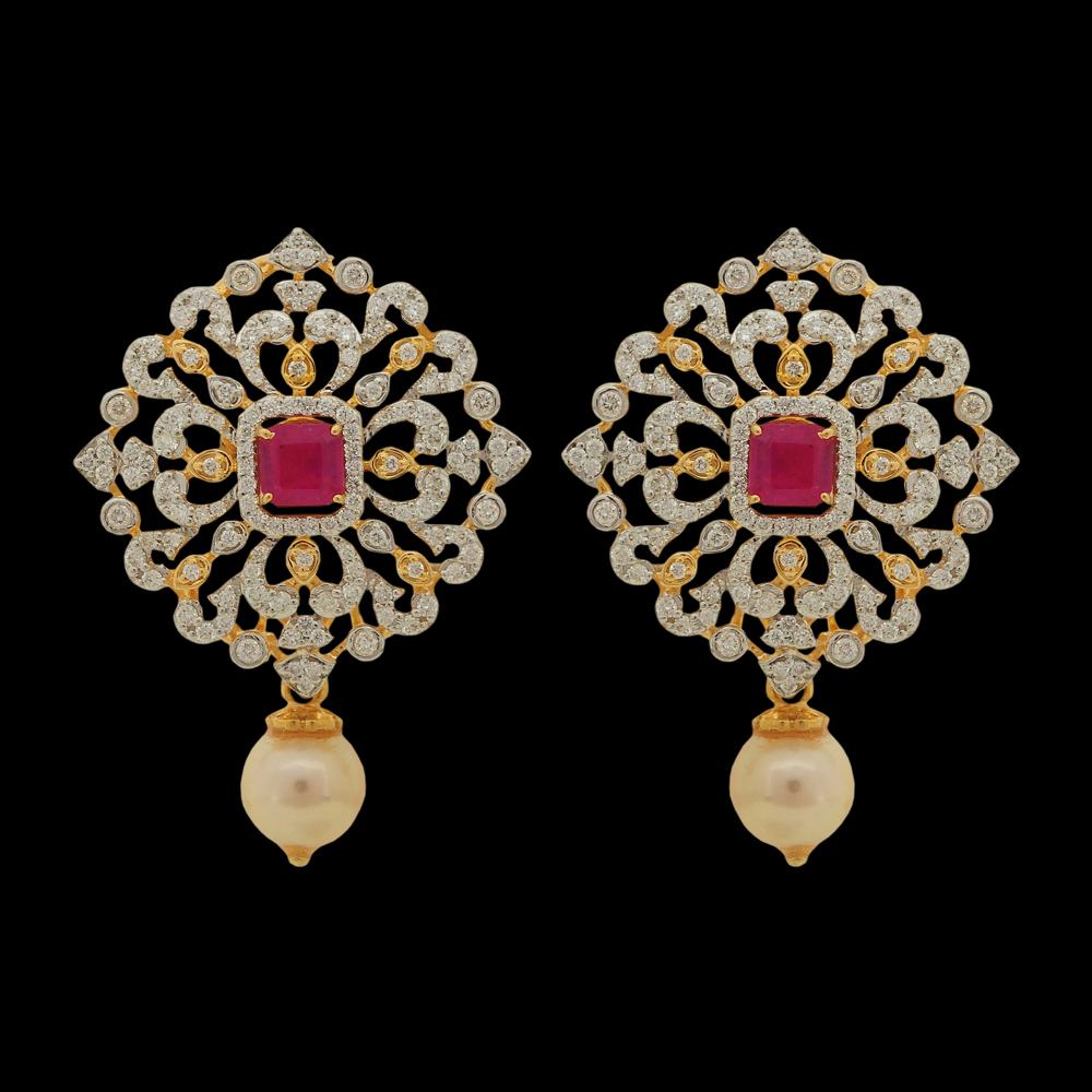 Diamond Earrings with Changeable Natural Emerald/Ruby Gemstone and Pearl Drops