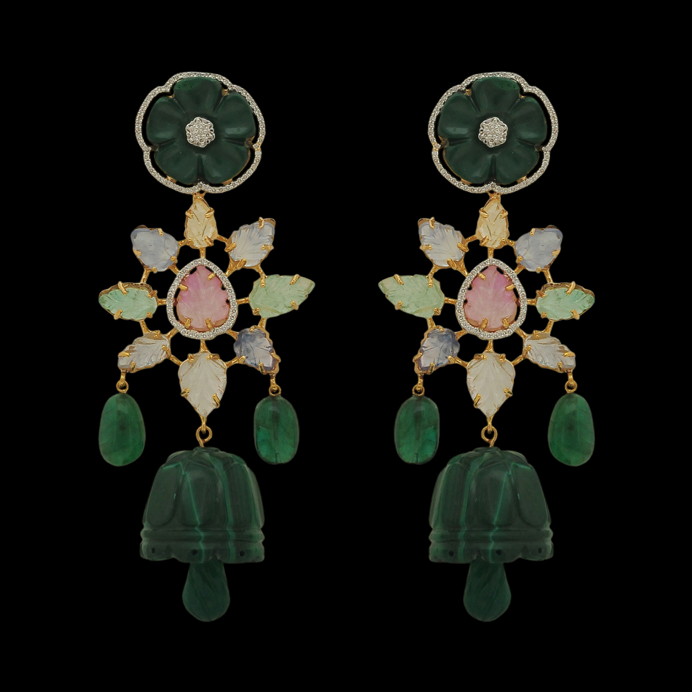 Designer Diamond Earrings with Natural Carved Emeralds. Sapphire, Malachite and Onyx