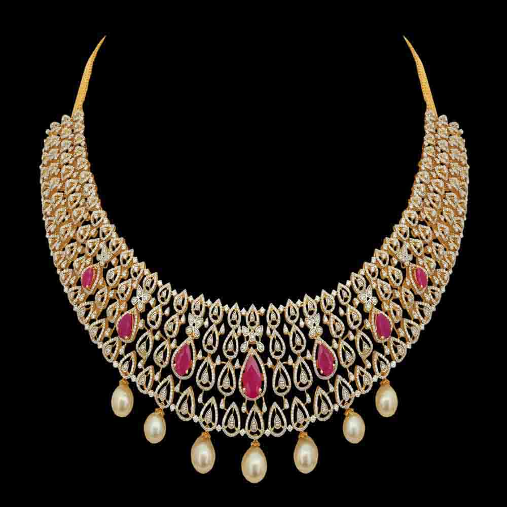 South-Indian Style Multi-purpose Necklace & Earrings Set made of Gold, Diamond, and Pearls & Rubies