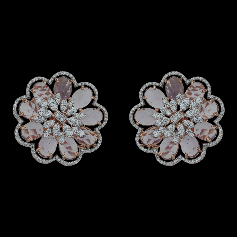 Floral Designed Diamond Studs with Natural Amethysts