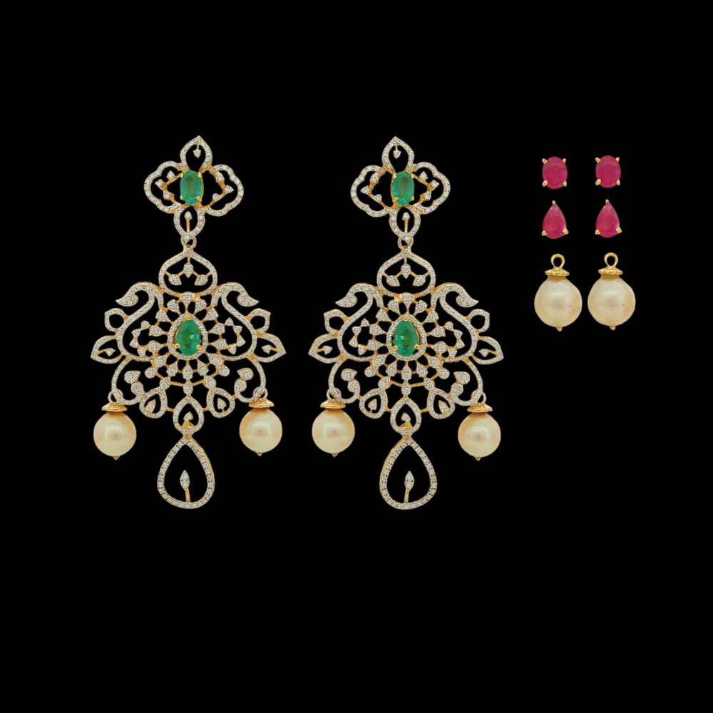 Diamond Earrings with Changeable Natural Emerald/Ruby Gemstone and Changeable Pearl Drops