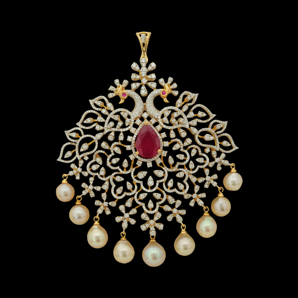 Necklace with Hanging Pearls and Encrusted Diamonds