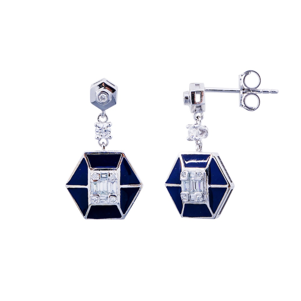 Blue Enamel Diamond Pendant Earrings Set