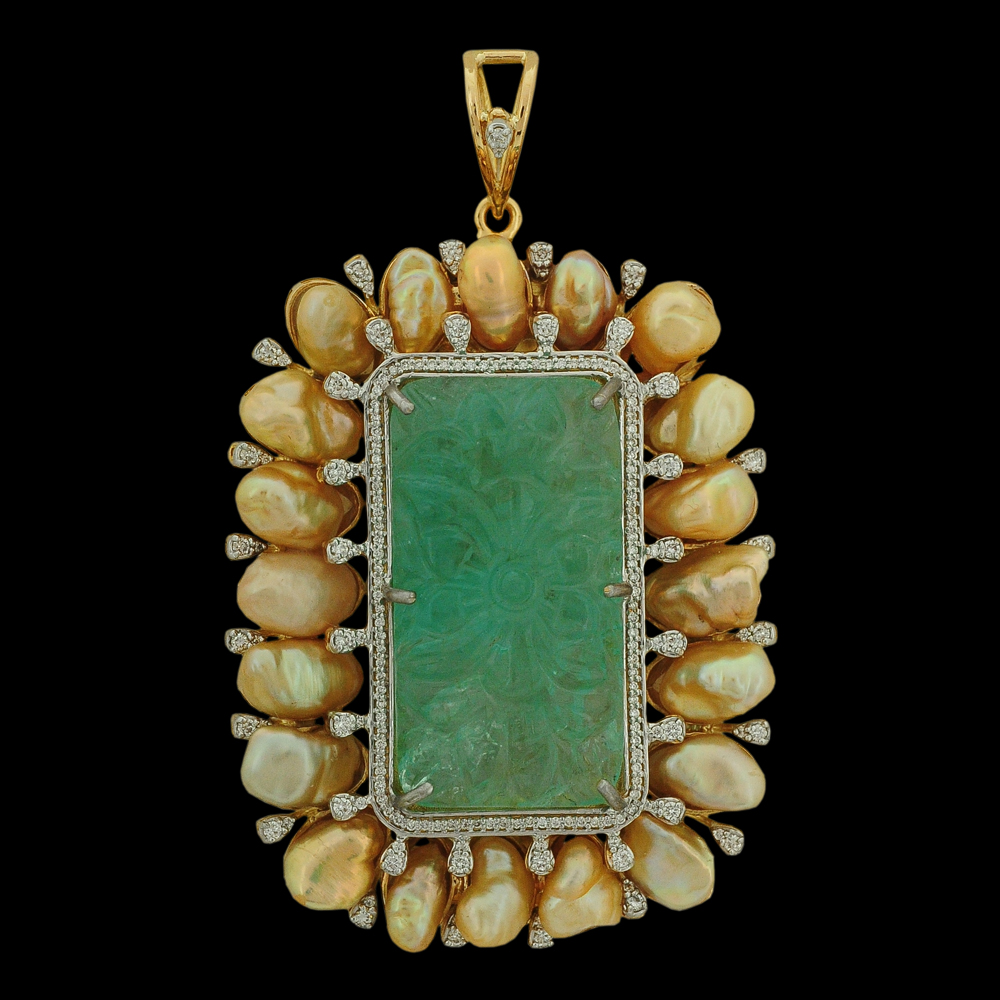 2-in-1 Natural Carved Emerald, Sapphire, Pearls and Diamond Choker and Pendant