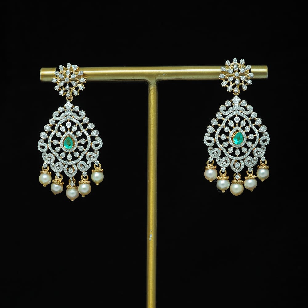 Diamond Earrings with changeable Natural Emeralds/Rubies and Pearl Drops