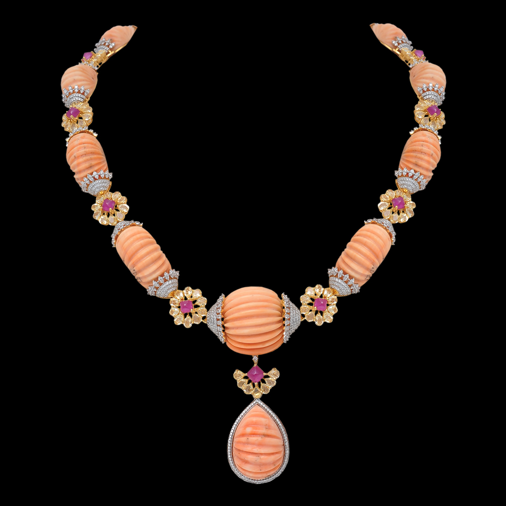 Coral Ruby/Sapphire and Diamond Necklace with Detachable Pendant