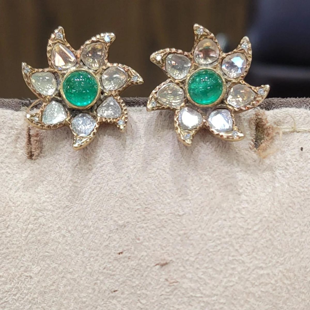Temple Gold Earrings with Natural Emeralds
