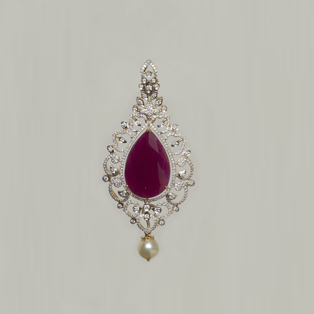 Pear shaped Diamond Pendant with Natural Ruby and Pearl Drops